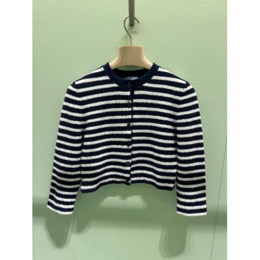 Cotton Bouclé Cardigan - Color Navy Blue/Natural