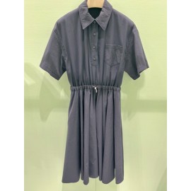 Short-Sleeved Technical Pongé Dress - Color Navy