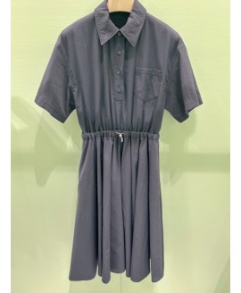 Short-Sleeved Technical Pongé Dress - Color Navy